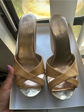 Jimmy Choo Perfume Patent Blush Cork Wedge Sandals Sz 38 ✨